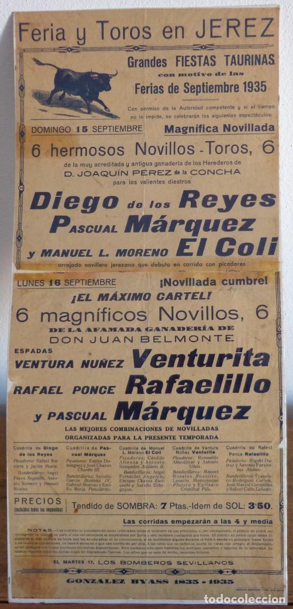 Plakate Stiere: CARTEL DE TOROS PLAZA DE JEREZ 15 Y 16 SEPTIEMBRE 1935. PASCUAL MARQUEZ, EL COLI, VENTURITA...