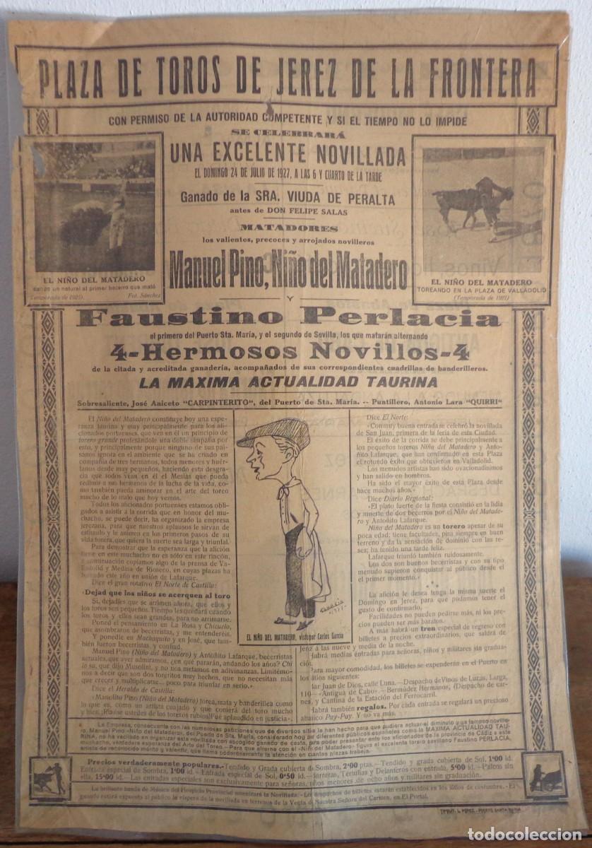 Plakate Stiere: GRAN CARTEL DE TOROS DOBLE CARA. PLAZA DE JEREZ 24 JULIO 1927. MANUEL PINO, NI&Ntilde;O DEL MATADERO.