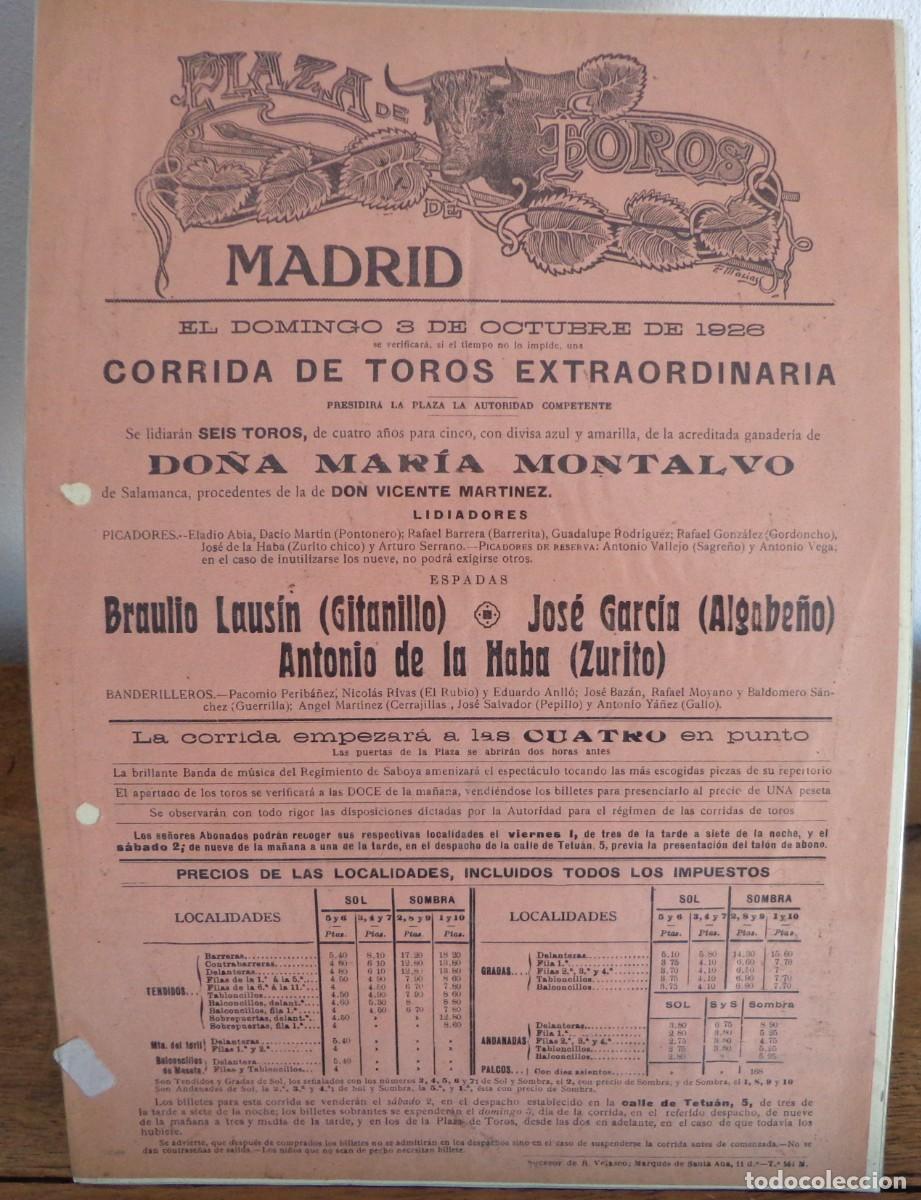 Plakate Stiere: CARTEL DE TOROS PLAZA DE MADRID 3 OCTUBRE 1926. GITANILLO, ALGABE&Ntilde;O Y ZURITO.