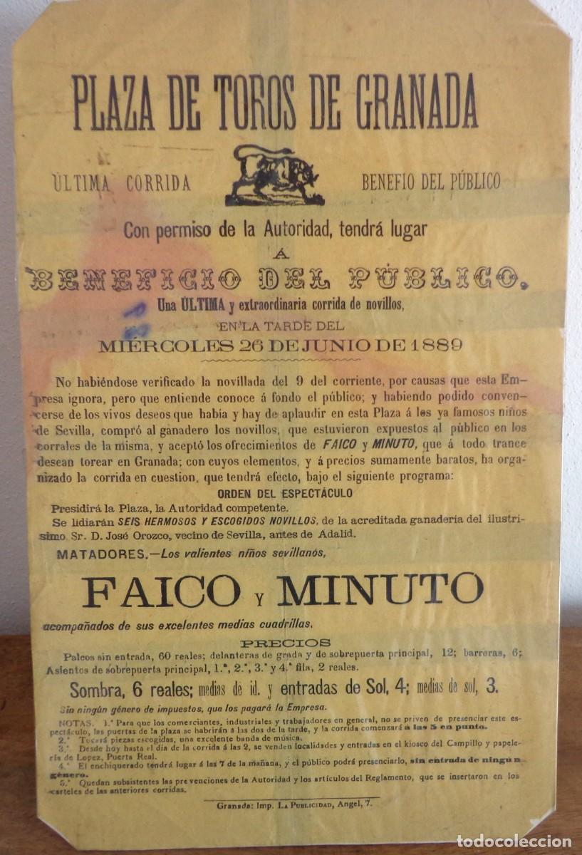 Cartazes Touros: CARTEL DE TOROS PLAZA DE GRANADA 28 JUNIO 1889. FAICO Y MINUTO.