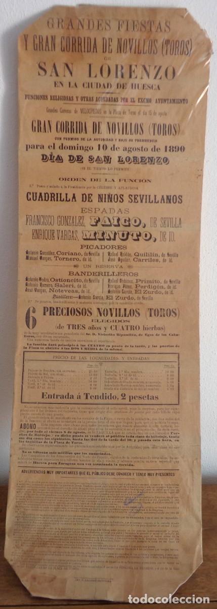Cartazes Touros: CARTEL DE TOROS PLAZA DE HUESCA SAN LORENZO 1890. FAICO Y MINUTO.
