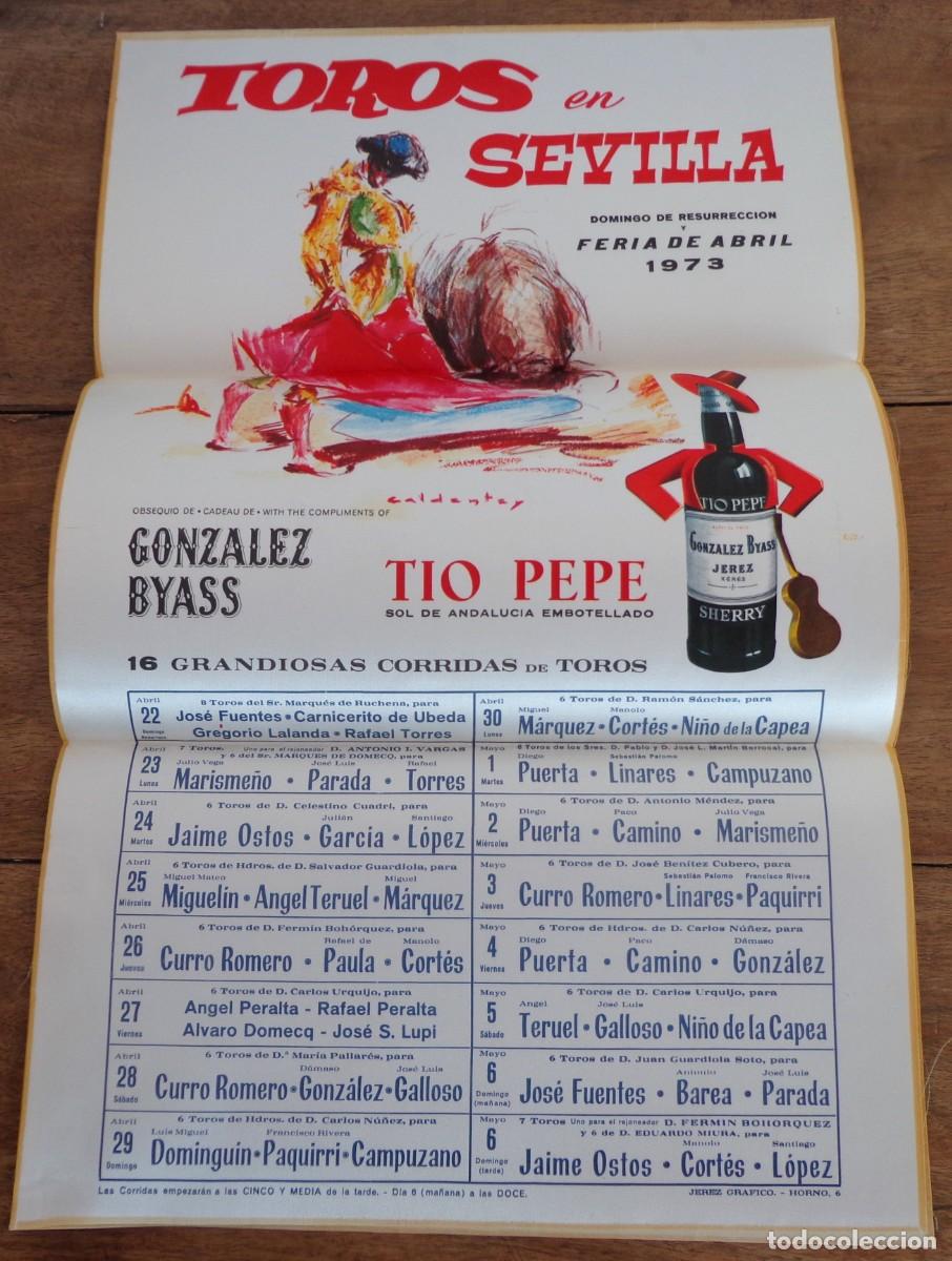 Cartazes Touros: CARTEL DE TOROS EN SEDA PLAZA DE SEVILLA ABRIL 1973. OBSEQUIO DE GONZALEZ BLYSS Y SOBRE.