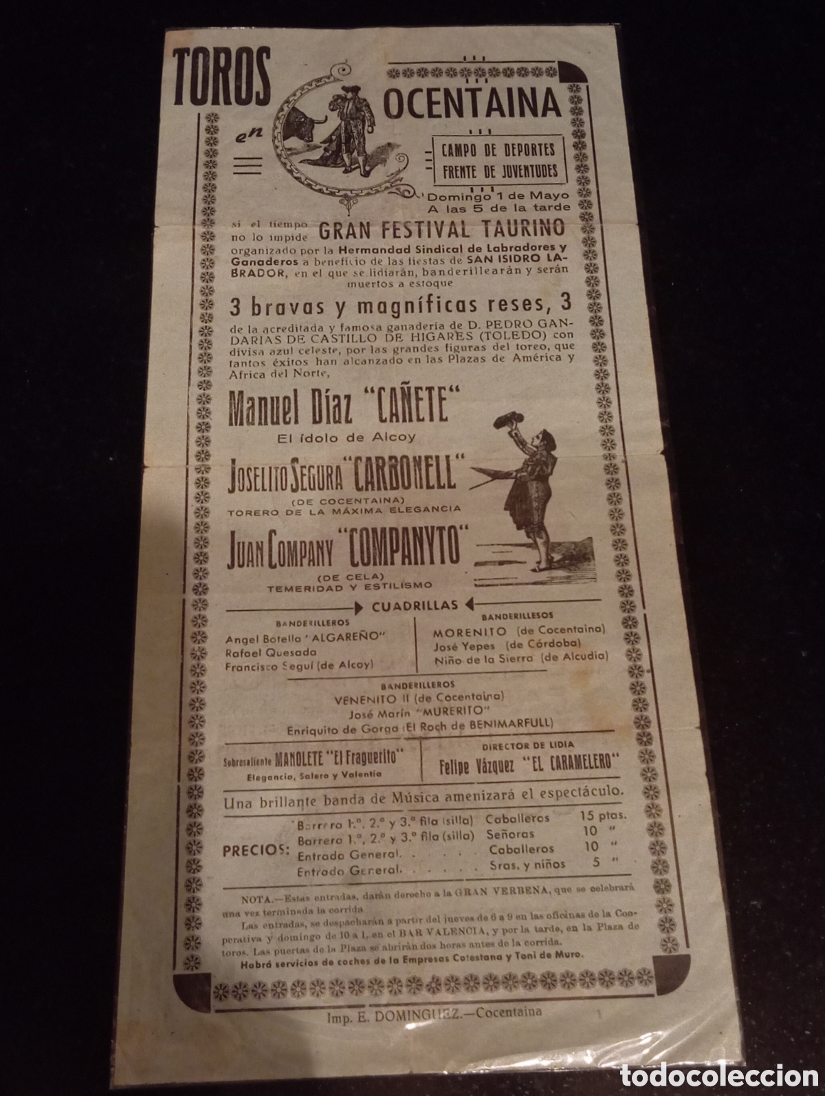Carteles toros: CARTEL TOROS COCENTAINA 1955 - Foto 1