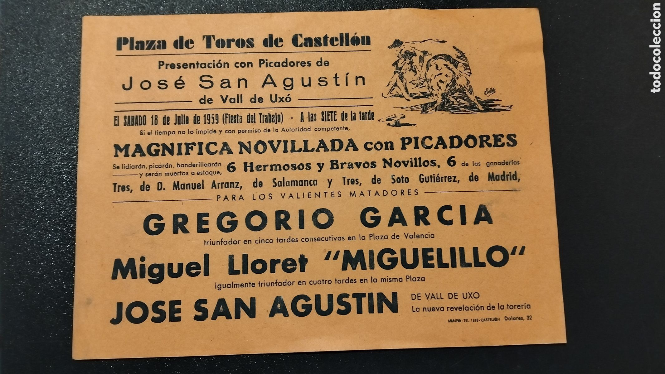 Cartazes Touros: CARTEL 16x22 PLAZA DE TOROS DE CASTELLON SABADO 18 DE JULIO 1959 GREGORIO GARCIA MIGUEL LLORET