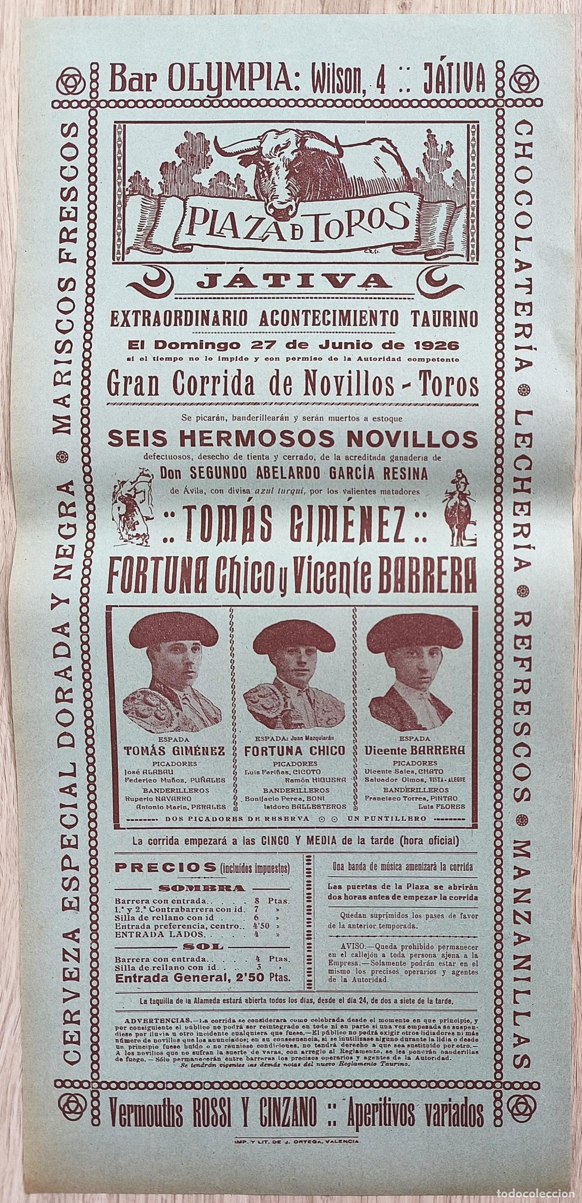 Plakate Stiere: RW CARTEL PLAZA TOROS JATIVA VALENCIA 1926 TOMAS GIMENEZ FORTUNA CHICO VECENTE BARRERA CTC46