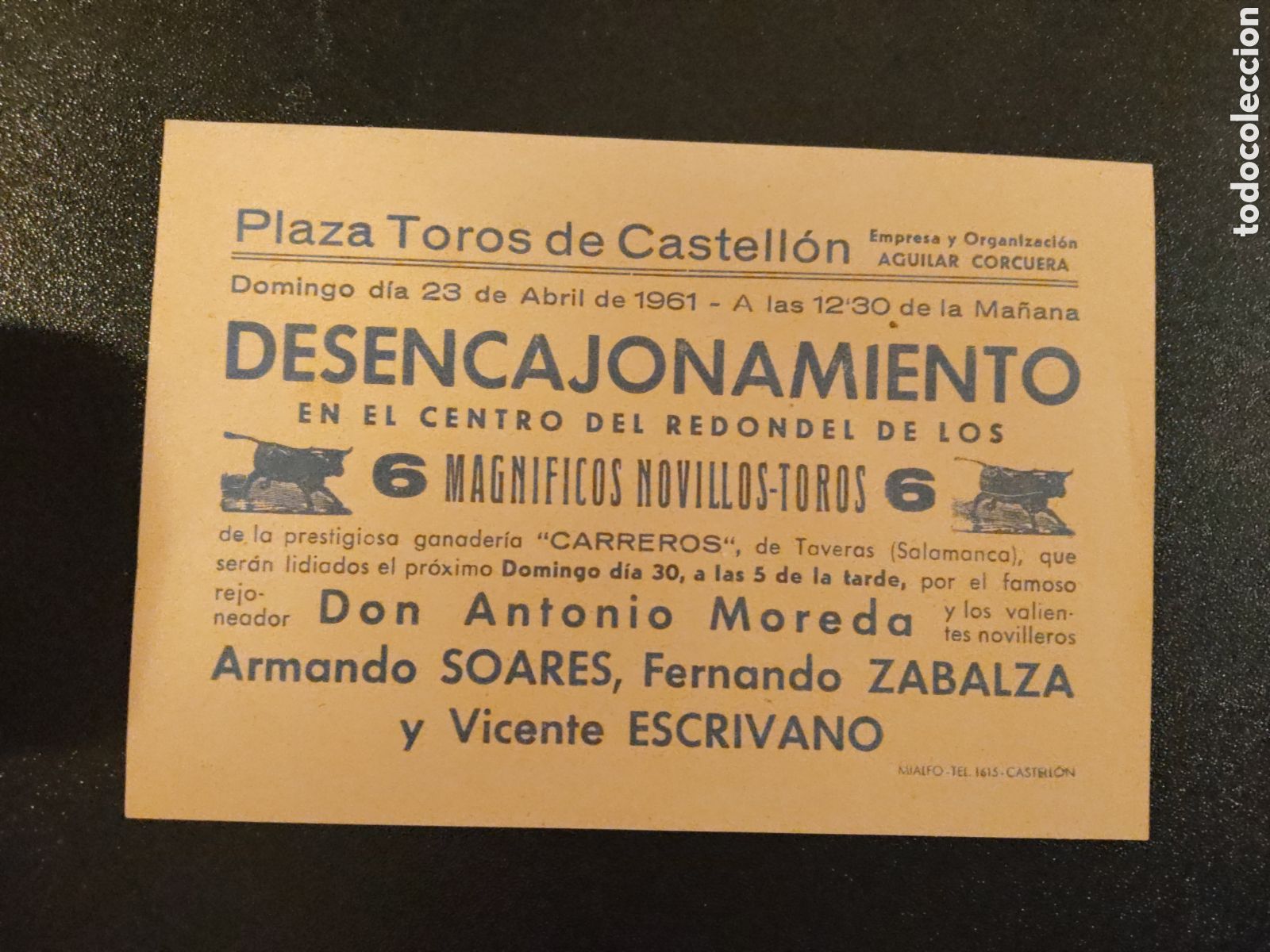 Bull Posters: CARTEL 15X11 - PLAZA DE TOROS CASTELLON - DESENCAJONAMIENTO - DOMINGO 23 DE ABRIL