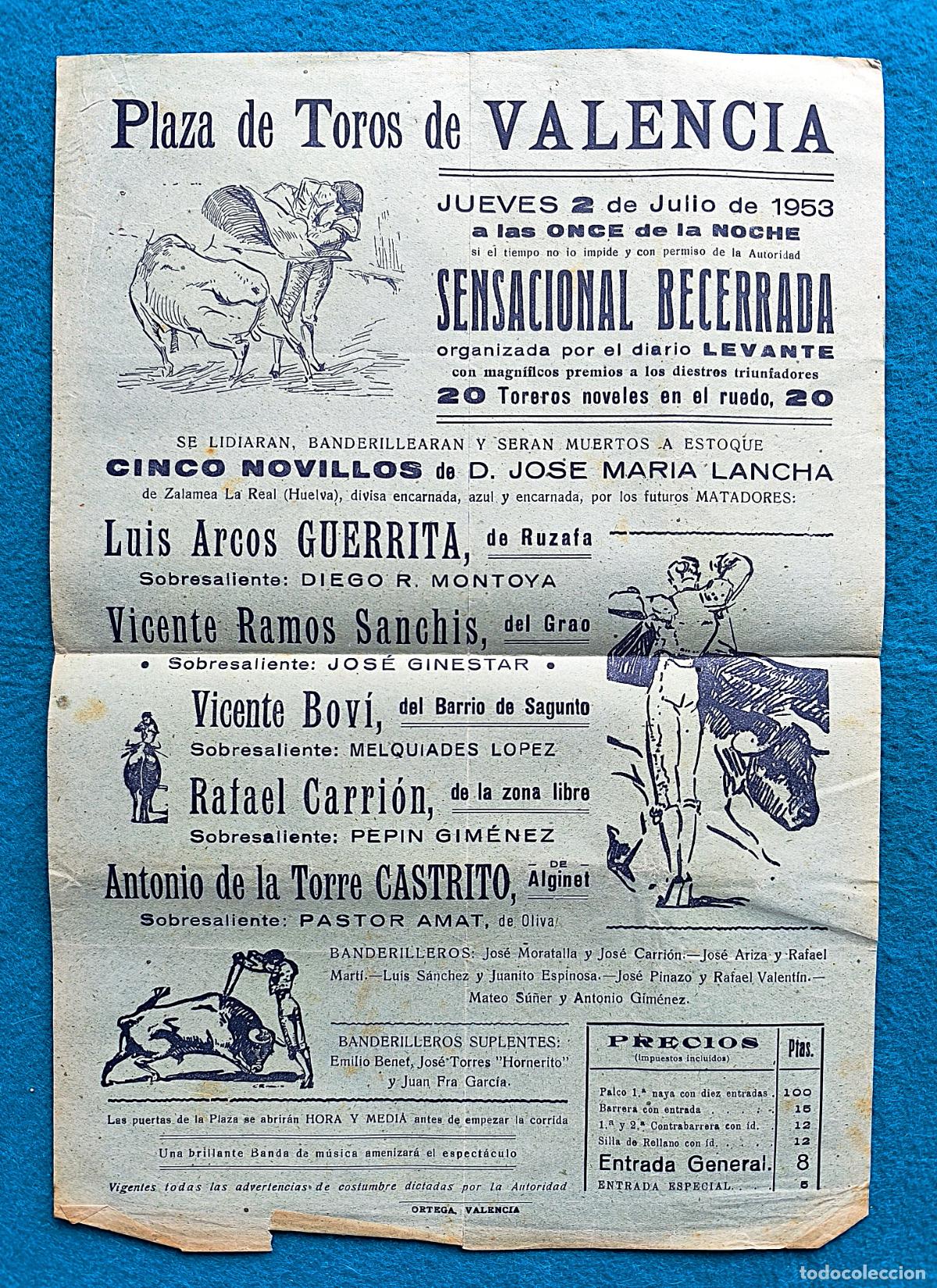 Plakate Stiere: RW CARTEL PLAZA TOROS VALENCIA 1953 BECERRADA GUERRITA SANCHIS BOVI CARRION CTC126