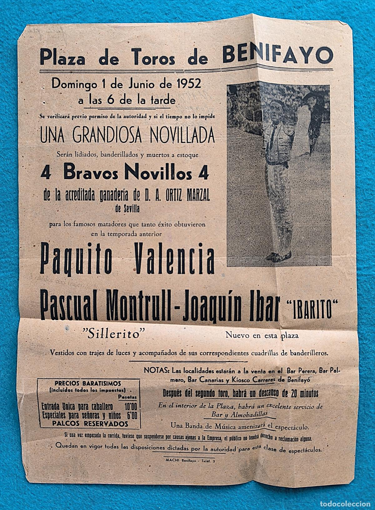 Affiches Tauromachie: RW CARTEL PLAZA TOROS BENIFAYO VALENCIA 1952 NOVILLADA PAQUITO VALENCIA MONTRULL IBARITO CTC128