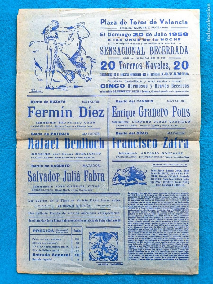 Carteles Toros: RW CARTEL PLAZA TOROS VALENCIA 1958 BECERRADA FERMIN DIEZ BENLLOCH FABRA PONS ZAFRA CTC148