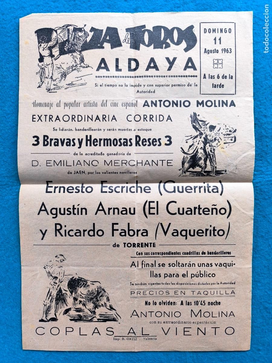 Carteles Toros: RW CARTEL PLAZA TOROS ALDAYA VALENCIA 1963 GUERRITA EL CUARTE&Ntilde;O VAQUERITO CTC149