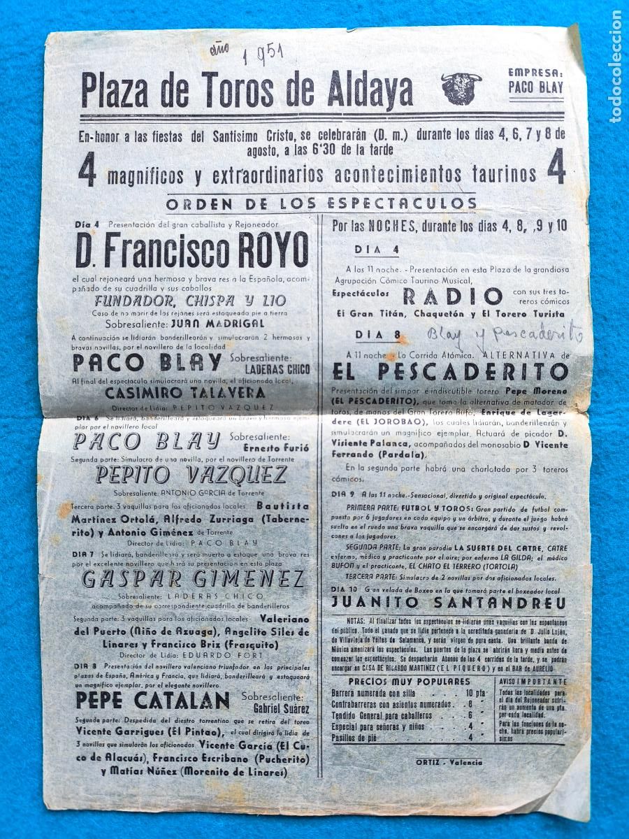 Carteles Toros: RW CARTEL PLAZA TOROS ALDAYA VALENCIA 1951 TALAVERA PACO BLAY PEPITO VAZQUEZ PESCADERITO CTC150
