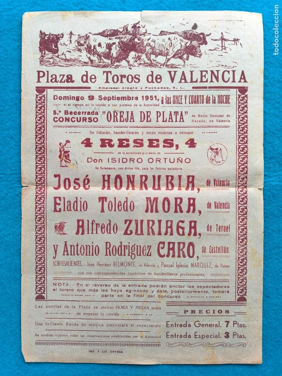Carteles Toros: RW CARTEL PLAZA TOROS VALENCIA 1951 BECERRADA OREJA DE PLATA HONRUBIA MORA ZURIAGA CARO CTC150