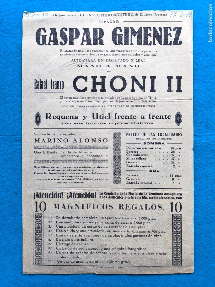 Carteles Toros: RW CARTEL PLAZA TOROS UTIEL VALENCIA 1949 CA&Ntilde;OTA CHONI II JOSELITO GIMENO CTC156