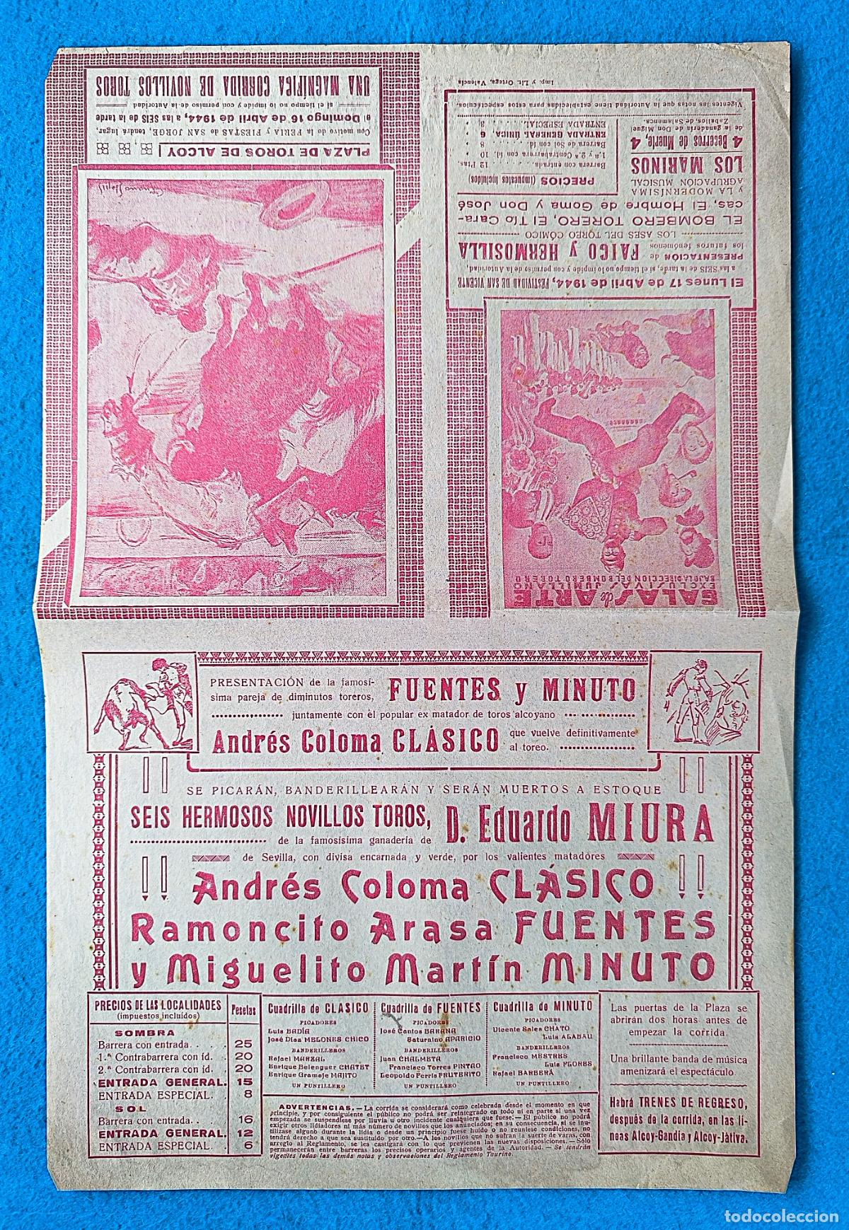 Carteles Toros: RW CARTEL PLAZA TOROS ALCOY ALICANTE 1944 ANDRES COLOMA CLASICO FUENTES MINUTO CTC160R
