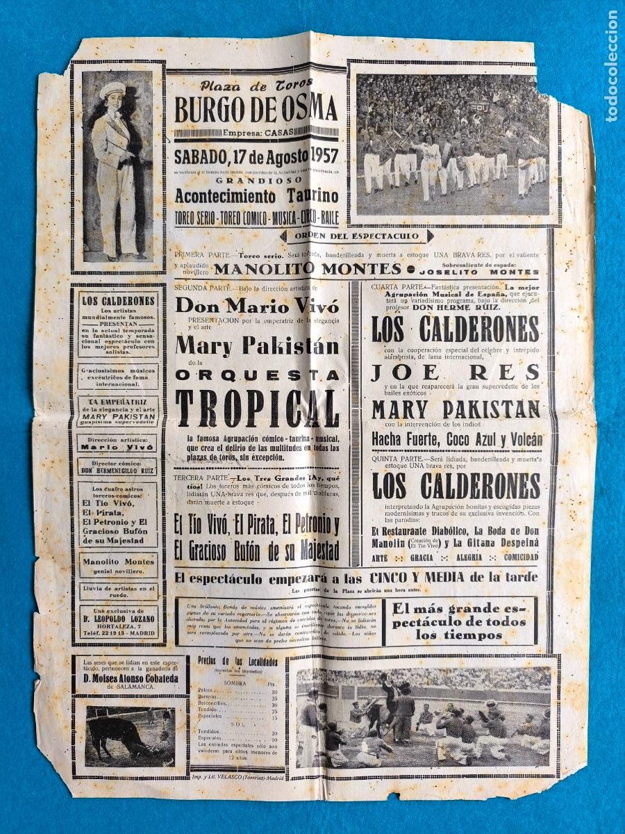 Carteles Toros: RW CARTEL PLAZA TOROS BURGO DE OSMA SORIA ESPECTACULO LOS CALDERONES JOE RES CTC198
