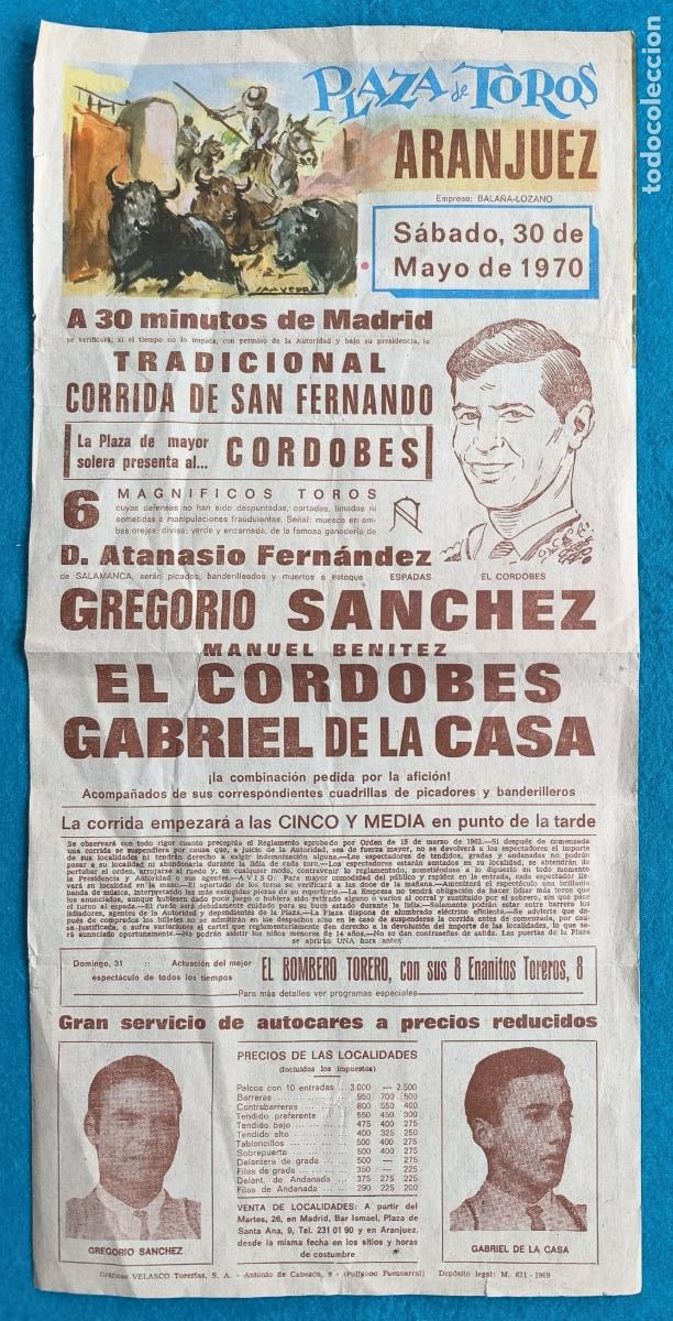 Carteles Toros: RW CARTEL PLAZA TOROS ARANJUEZ MADRID 1970 GREGORIO SANCHEZ EL CORDOBES GABRIEL DE LA CASA CTC199