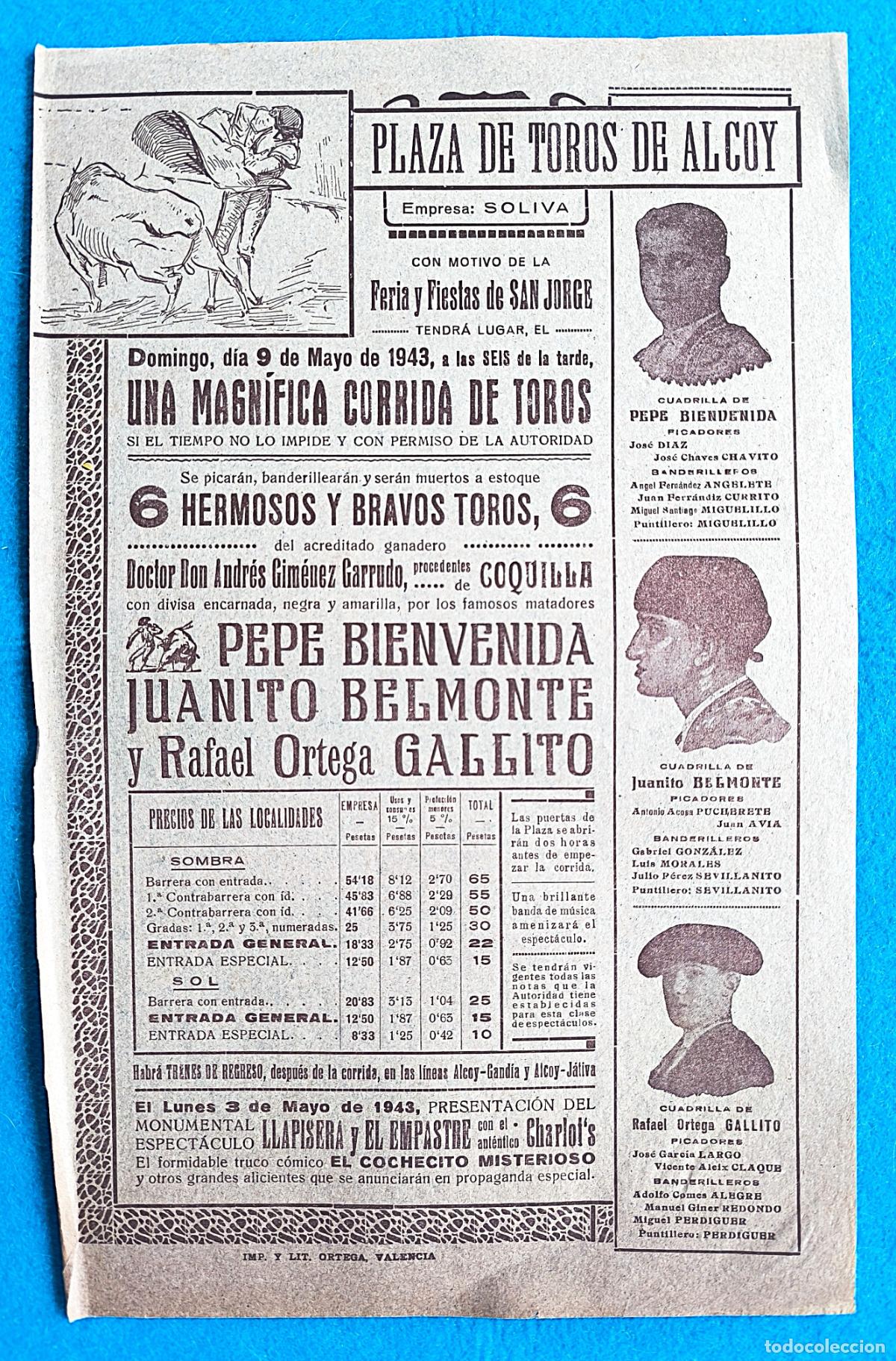 Carteles Toros: RW CARTEL PLAZA TOROS ALCOY ALICANTE 1943 PEPE BIENVENIDA BELMONTE GALLITO CTC200