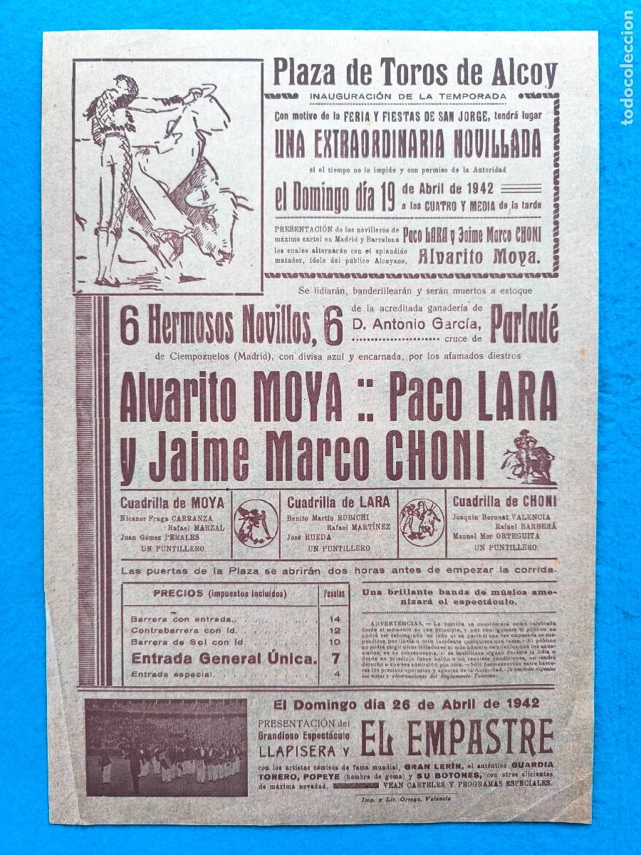 Carteles Toros: RW CARTEL PLAZA TOROS ALCOY ALICANTE 1942 ALVARITO MOYA PACO LARA JAIME MARCO CHONI CTC204