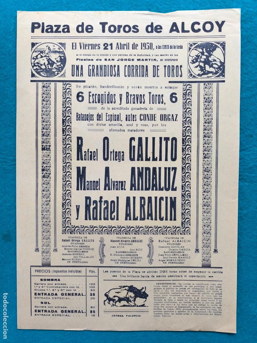 Carteles Toros: RW CARTEL PLAZA TOROS ALCOY ALICANTE 1950 GALLITO ANDALUZ ALBACIN CTC206