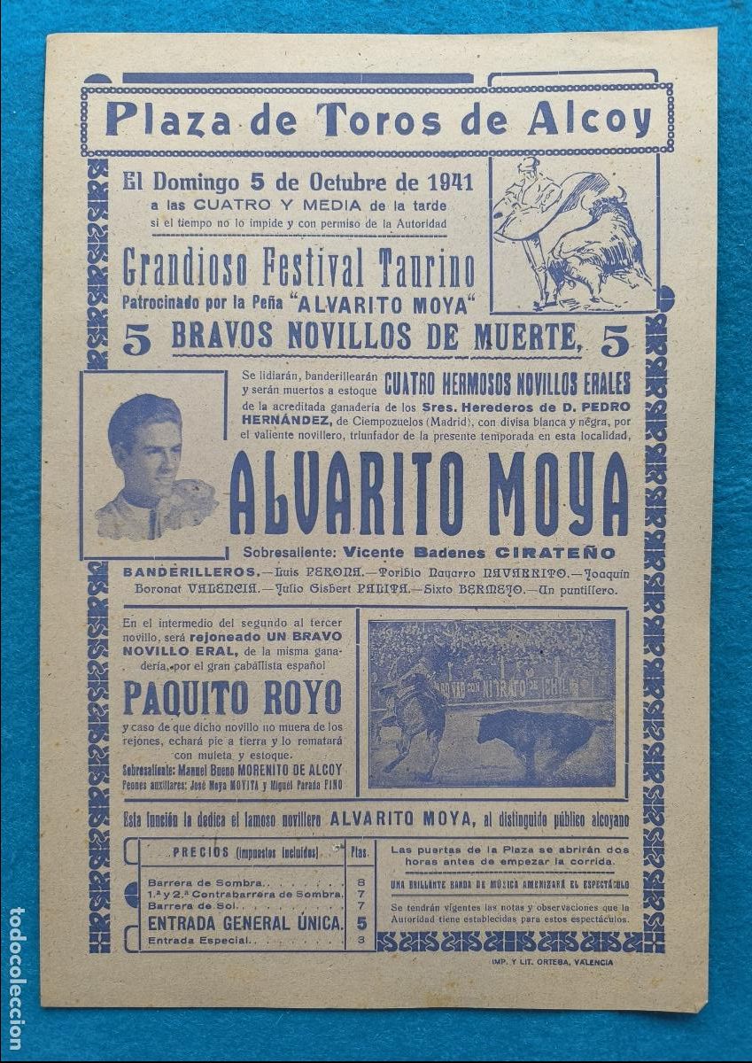 Carteles Toros: RW CARTEL PLAZA TOROS ALCOY ALICANTE 1941 FESTIVAL TAURINO ALVARITO MOYA PAQUITO ROYO CTC207