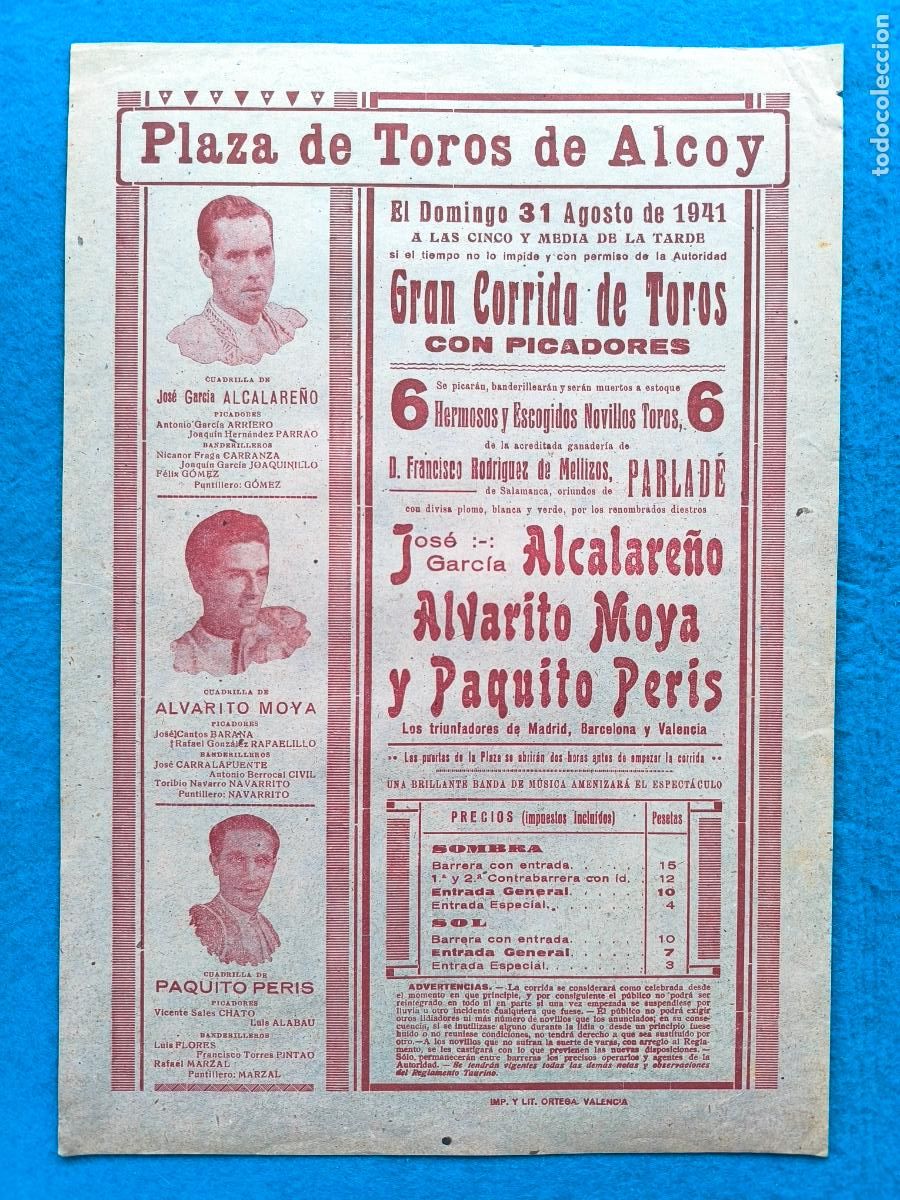 Carteles Toros: RW CARTEL PLAZA TOROS ALCOY ALICANTE 1941 ALCALARE&Ntilde;O ALVARITO MOYA PAQUITO PERIS CTC210