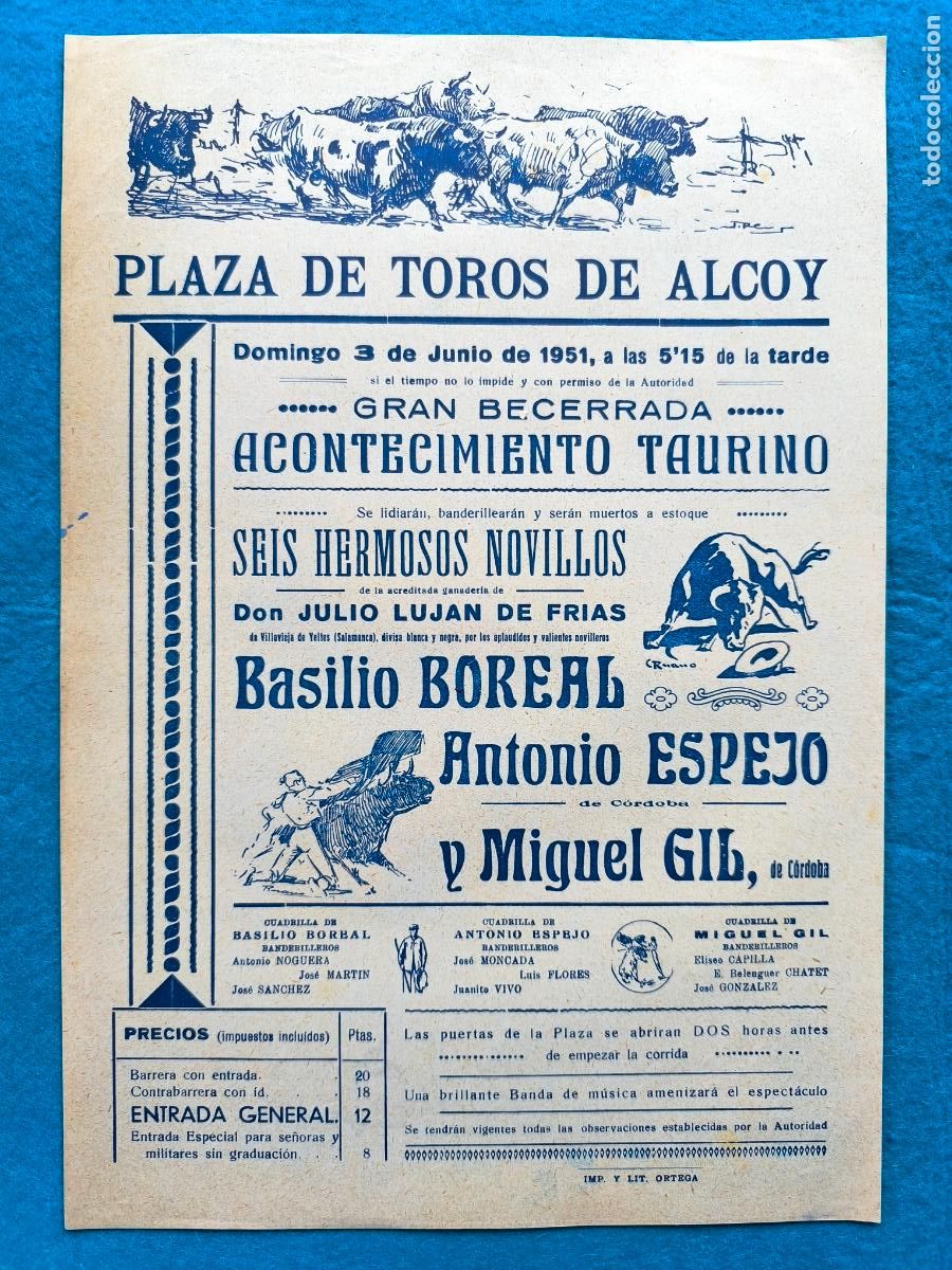 Carteles Toros: RW CARTEL PLAZA TOROS ALCOY ALICANTE 1951 BASILIO BOREAL ANTONIO ESPEJO MIGUEL GIL CTC212