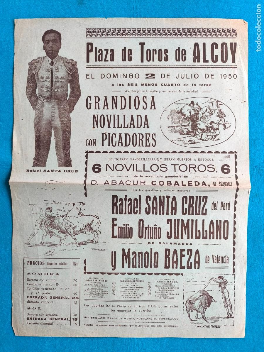 Carteles Toros: RW CARTEL PLAZA TOROS ALCOY ALICANTE 1950 NOVILLADA RAFAEL SANTA CRUZ JUMILLANO BAEZA CTC215