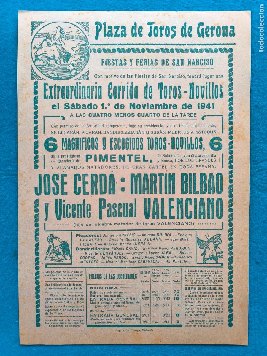 Carteles Toros: RW CARTEL PLAZA TOROS GERONA 1941 JOSE CERDA MARTIN BILBAO VICENTE PASCUAL VALENCIANO CTC227