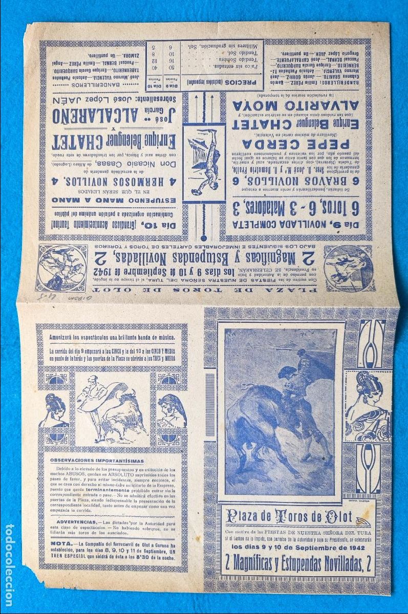 Carteles Toros: RW CARTEL PLAZA TOROS OLOT 1942 PEPE CERDA BELENGUER CHATET MOYA ALCALARE&Ntilde;O CTC228