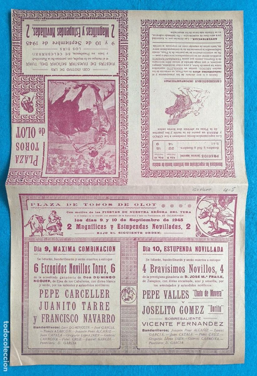 Carteles Toros: RW CARTEL PLAZA TOROS OLOT GIRONA 1945 PEPE CARCELLER JUANITO TARRE NAVARRO CTC232 R