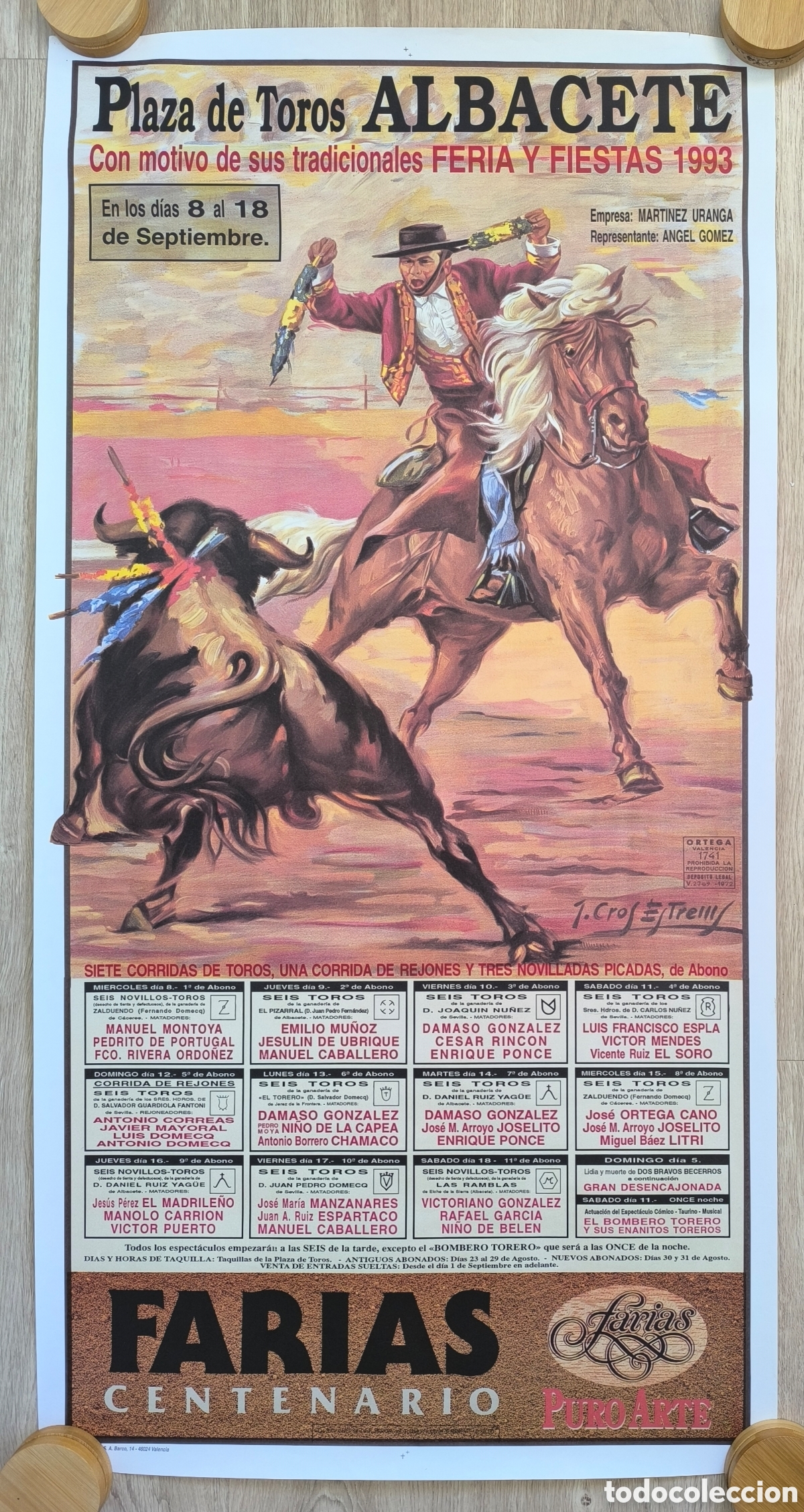 Carteles Toros: RW CARTEL PLAZA TOROS ALBACETE 1993 ORDO&Ntilde;EZ ESPARTACO MANZANARES EL SORO J CROS CT377 RR
