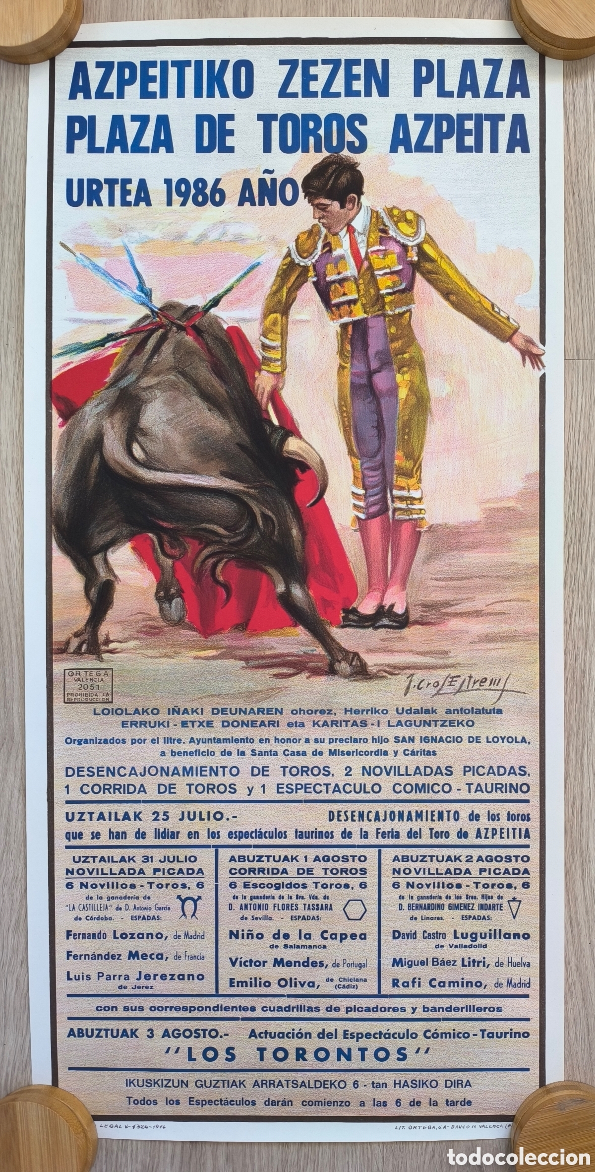 Carteles Toros: RW CARTEL PLAZA DE TOROS AZPEITA GUIPUZCOA URTEA 1986 J CROS NI&Ntilde;O DE LA CAPEA MENDES OLIVA CT90 RR