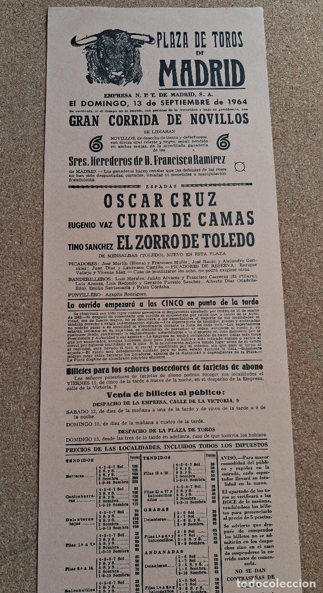 Carteles Toros: Cartel de toros. Madrid. 13 septiembre 1964. &Oacute;scar Cruz, Curri de Camas, El Zorro de Toledo.