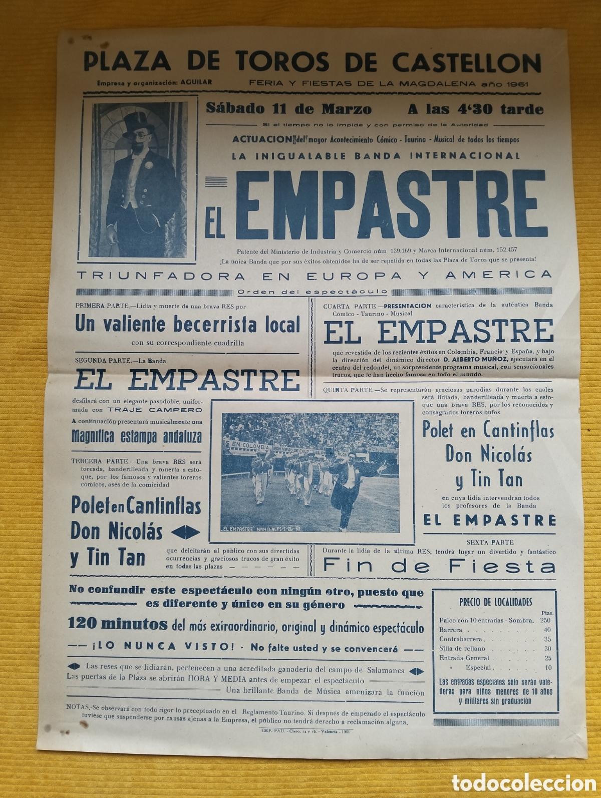 Carteles Toros: CARTEL PLAZA DE TOROS CASTELLON 11 MARZO 1961 ESPECTACULO EL EMPASTRE