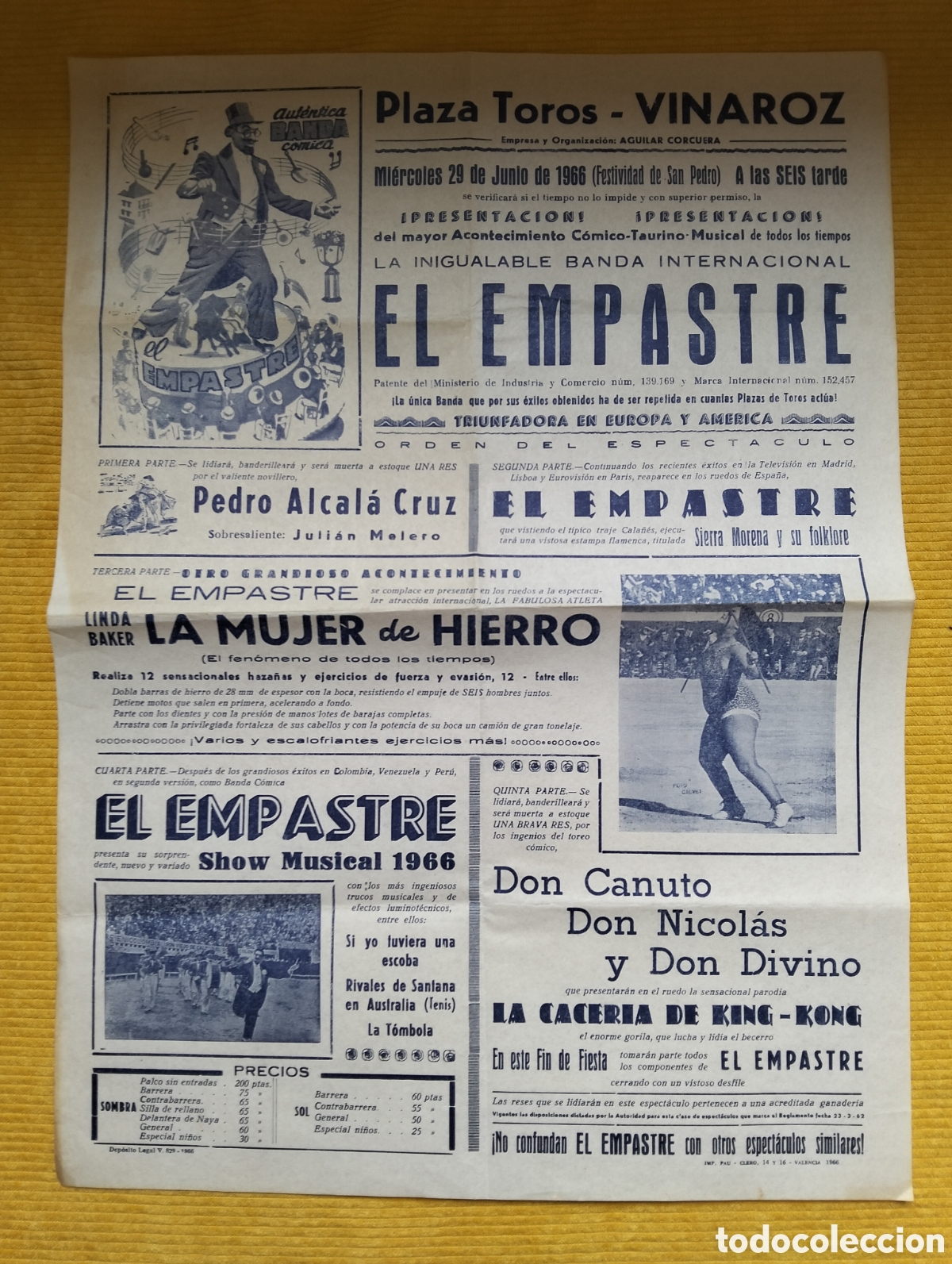 Carteles Toros: CARTEL PLAZA DE TOROS CASTELLON 29 JUNIO 1966 ESPECTACULO EL EMPASTRE
