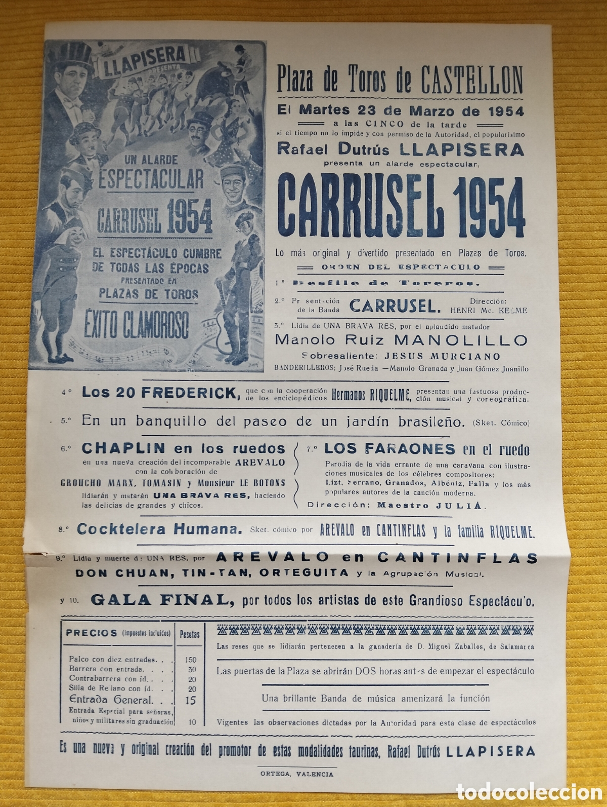 Carteles Toros: CARTEL PLAZA DE TOROS CASTELLON 23 MARZO 1954 CARRUSEL RAFAEL DUTRUS LLAPISERA