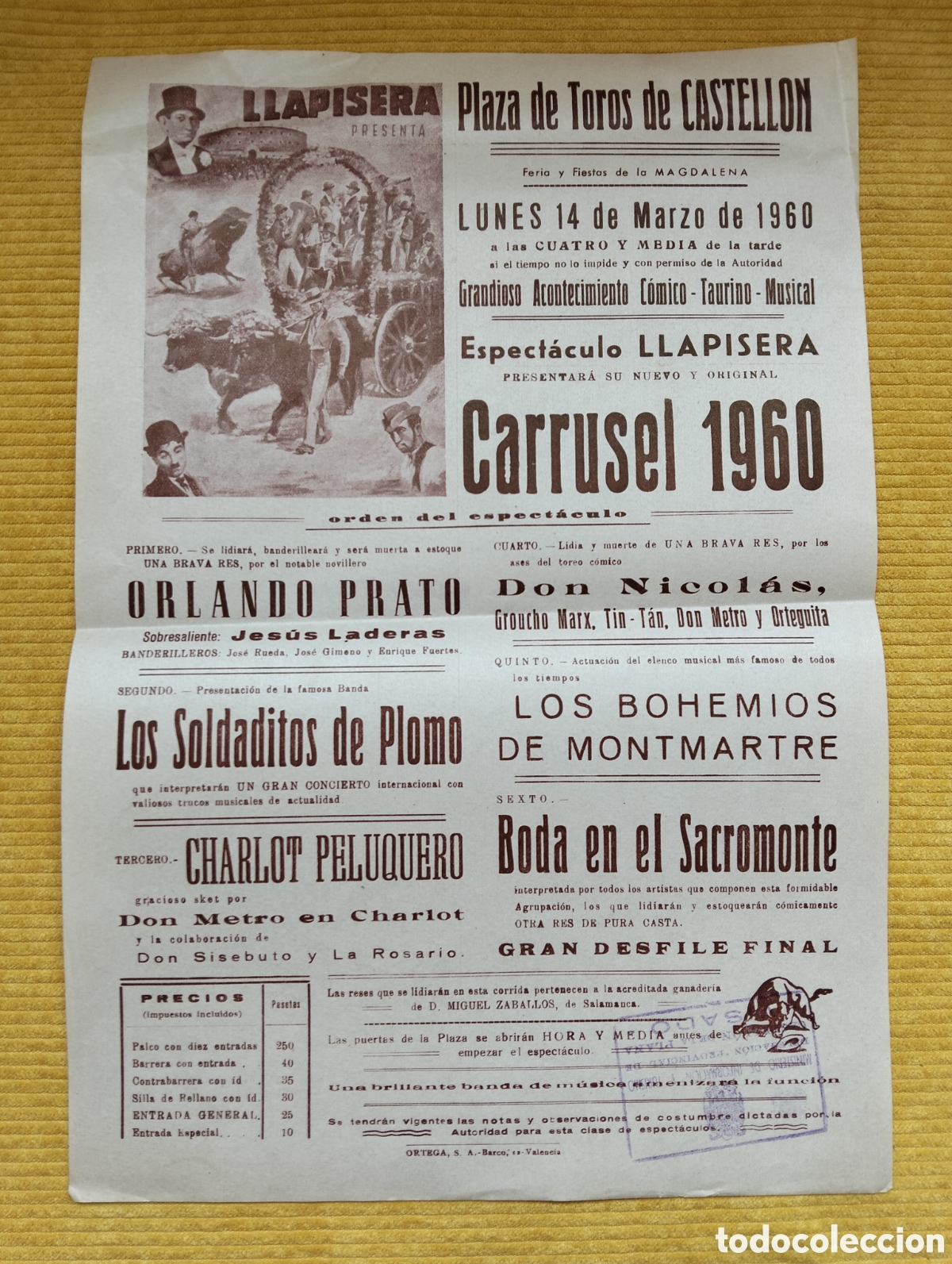 Carteles Toros: CARTEL PLAZA DE TOROS CASTELLON 14 MARZO 1960 CARRUSEL LLAPISERA