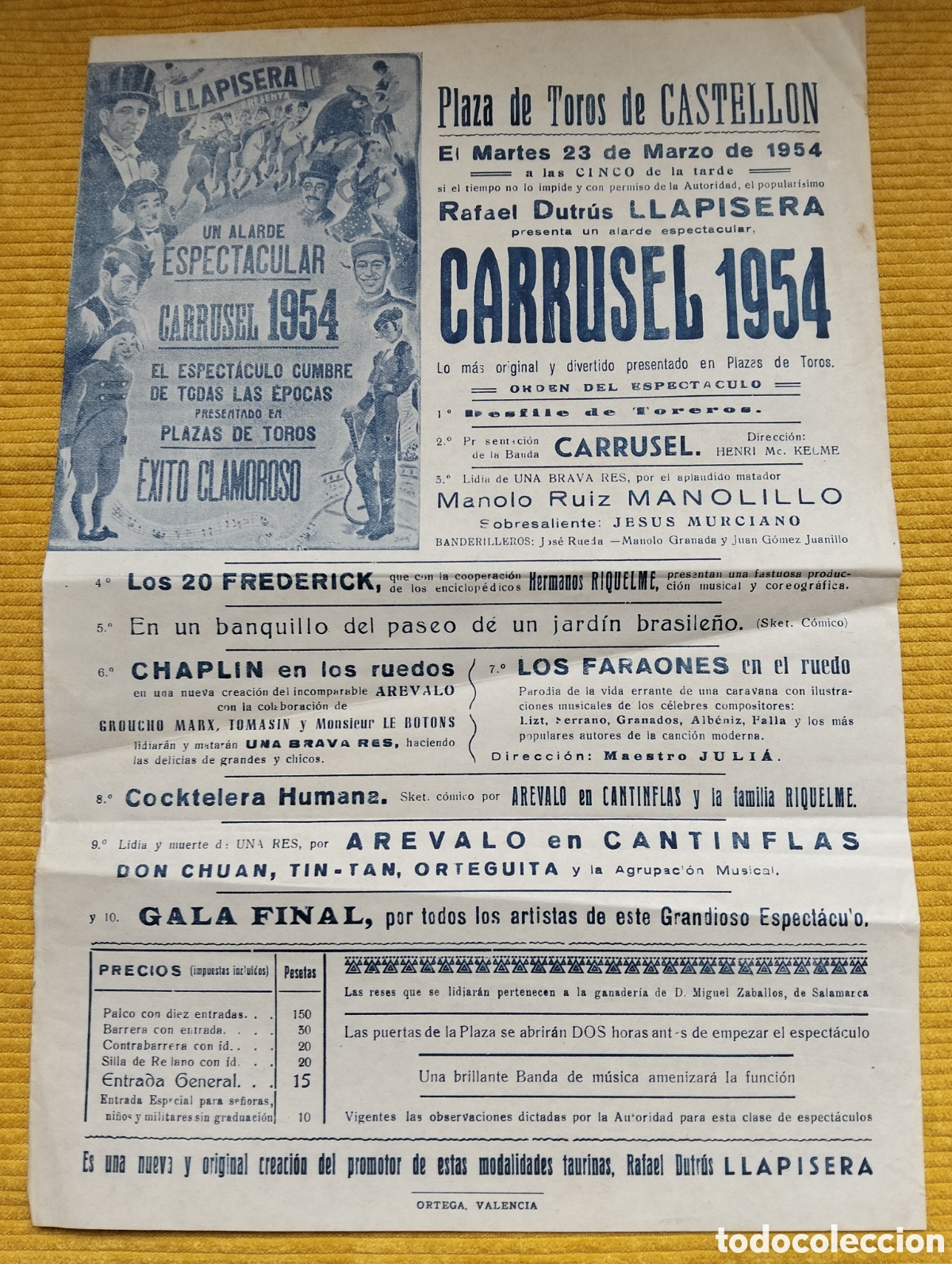Carteles Toros: CARTEL PLAZA DE TOROS CASTELLON 23 MARZO 1954 CARRUSEL RAFAEL DUTRUS LLAPISERA