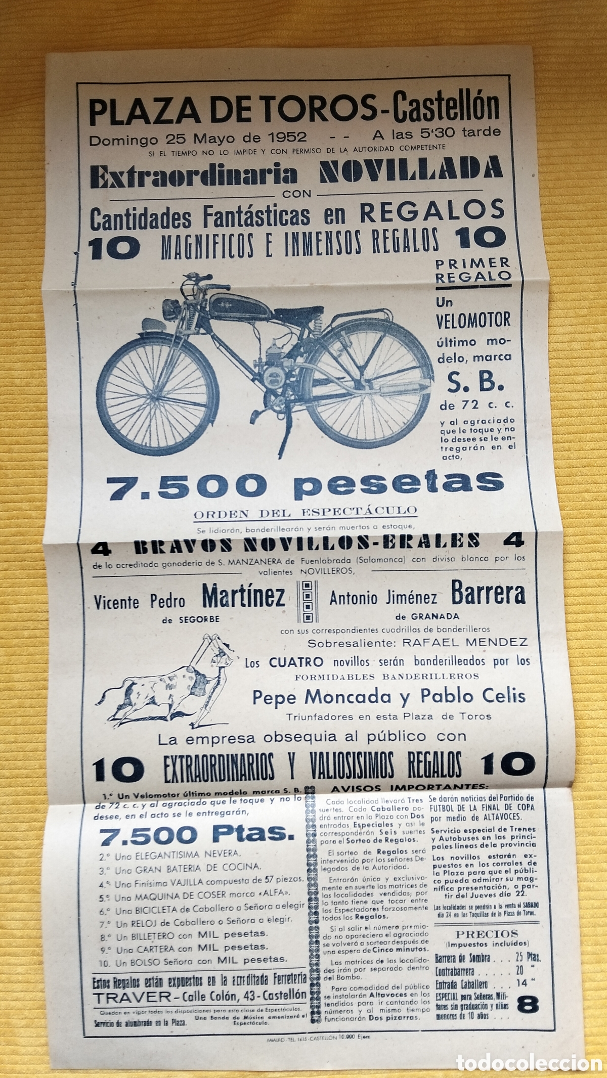 Carteles Toros: CARTEL PLAZA DE TOROS CASTELLON 25 MAYO 1952 VELOMOTOR VICENTE PEDRO MARTINEZ ANTONIO JIMENEZ BARRER