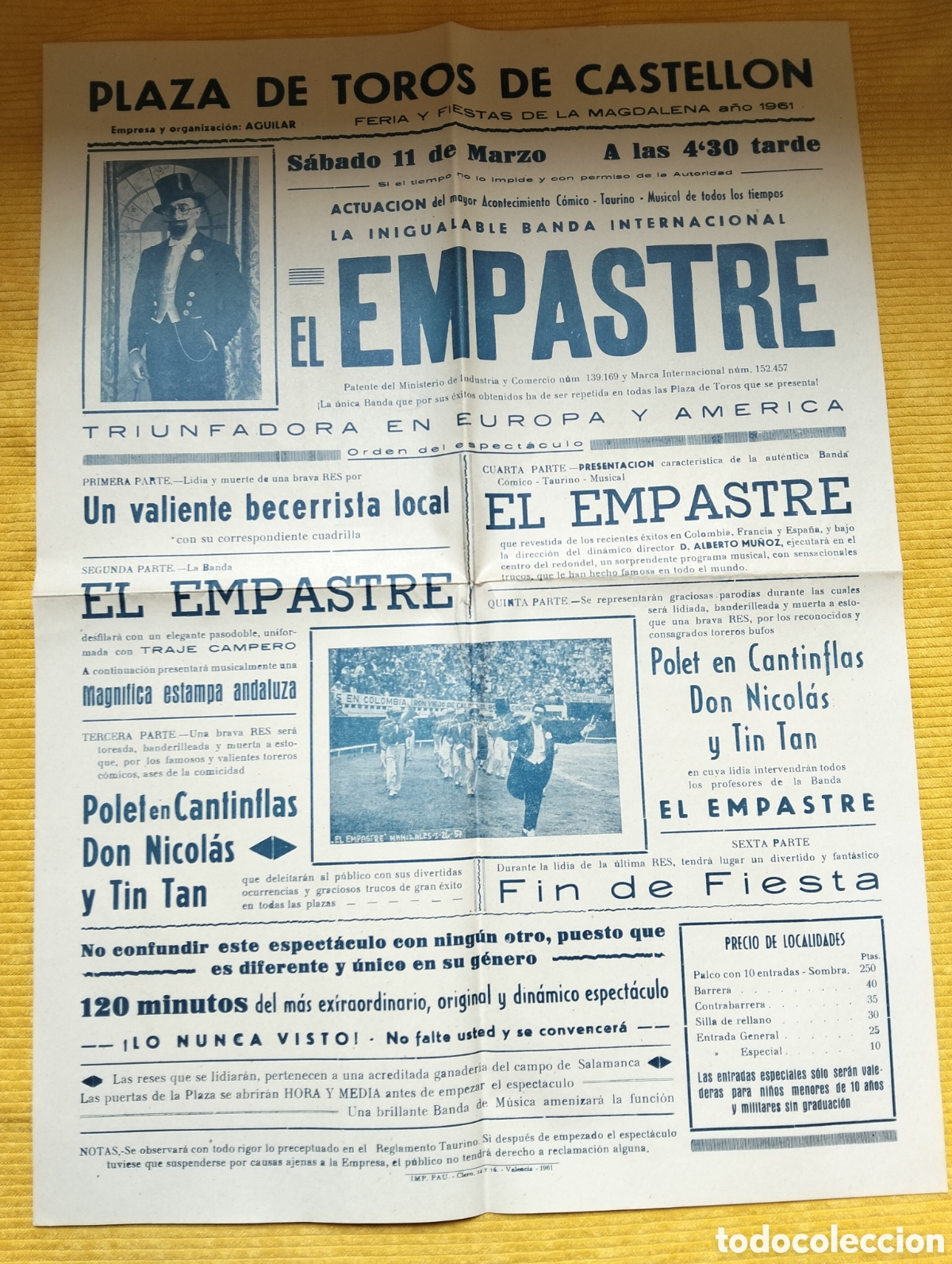 Carteles Toros: CARTEL PLAZA DE TOROS CASTELLON 11 MARZO 1961 EL EMPASTRE