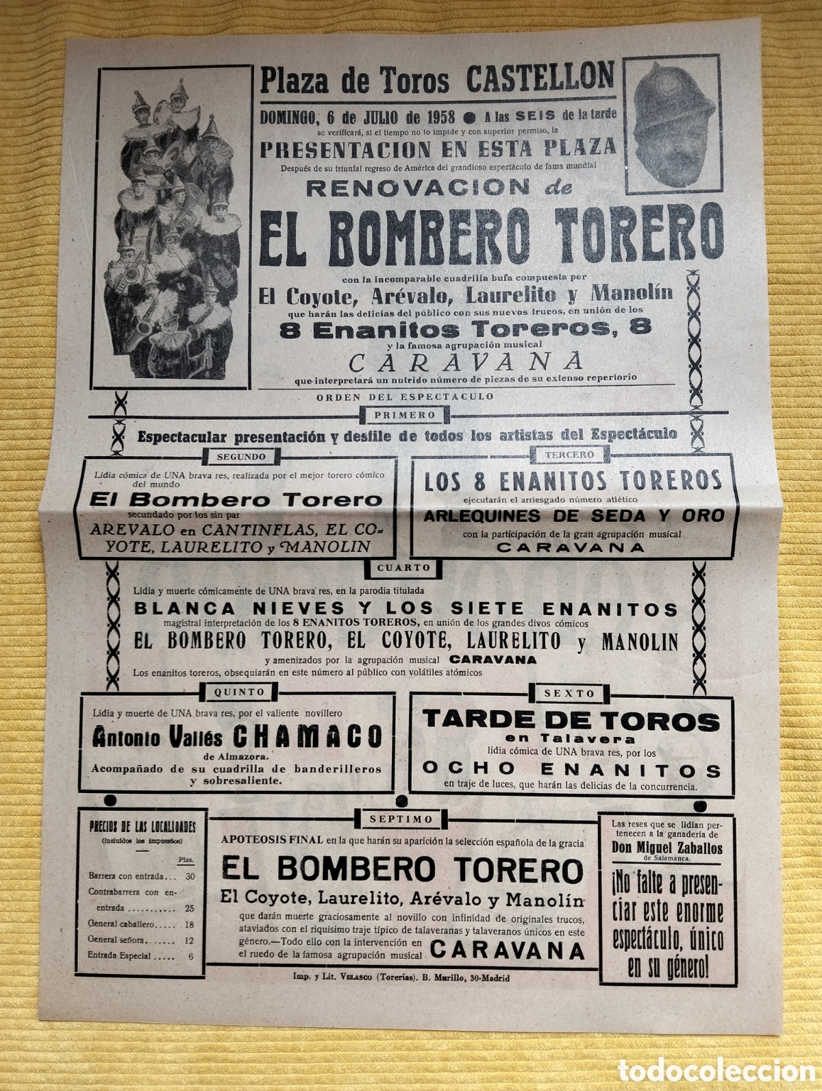 Carteles Toros: CARTEL PLAZA DE TOROS CASTELLON 6 JULIO 1958 EL BOMBERO TORERO MUSICAL CARAVANA
