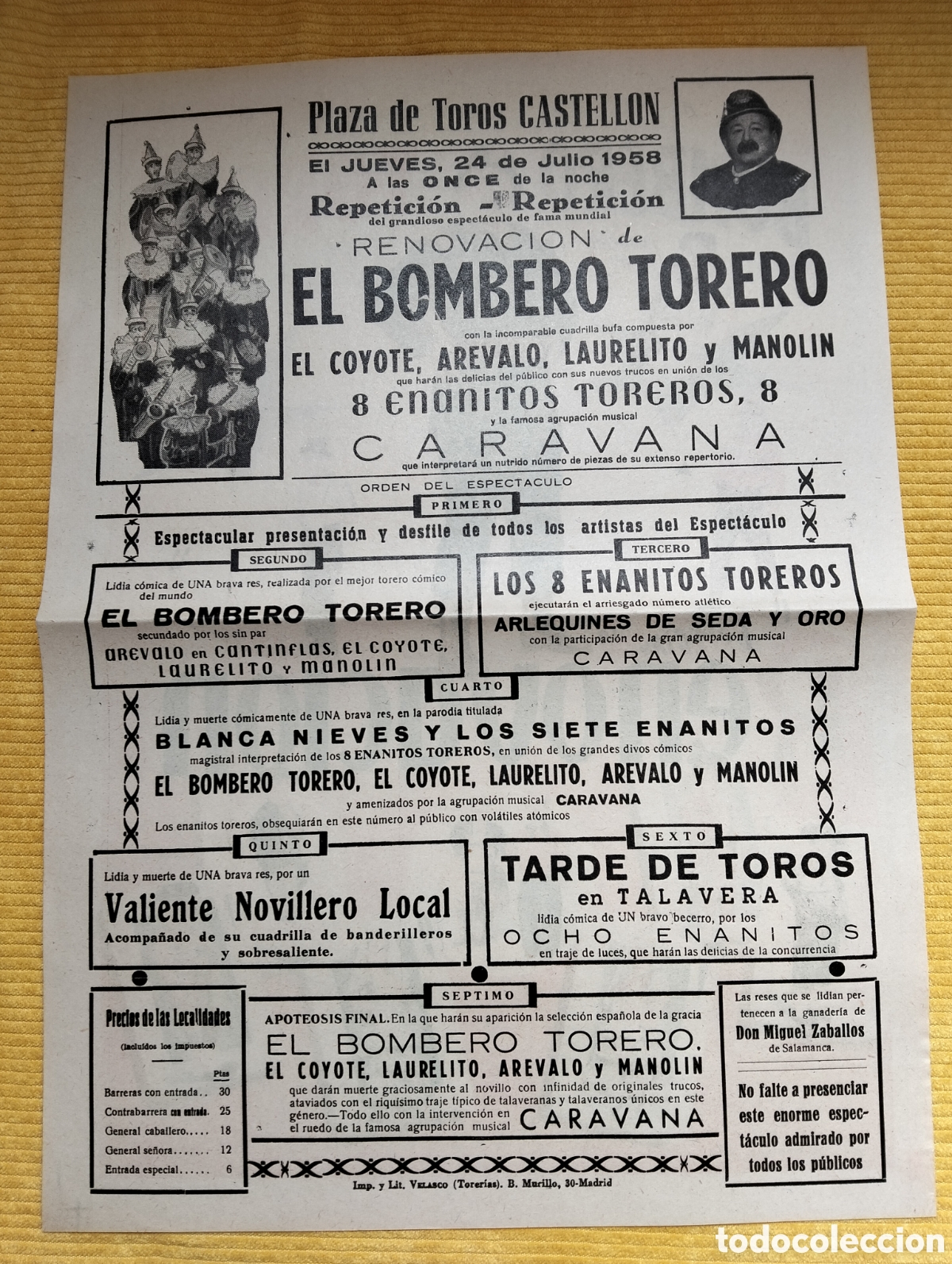 Carteles Toros: CARTEL PLAZA DE TOROS CASTELLON 24 JULIO 1958 EL BOMBERO TORERO MUSICAL CARAVANA