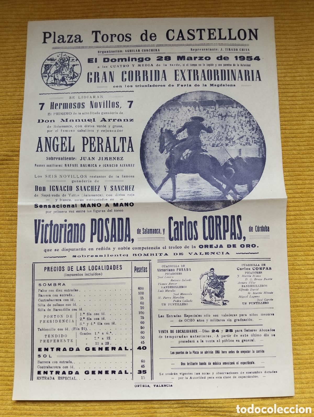 Carteles Toros: CARTEL PLAZA DE TOROS CASTELLON 28 MARZO 1954 GRAN CORRIDA ANGEL PERALTA VICTORIANO POSADA CORPAS