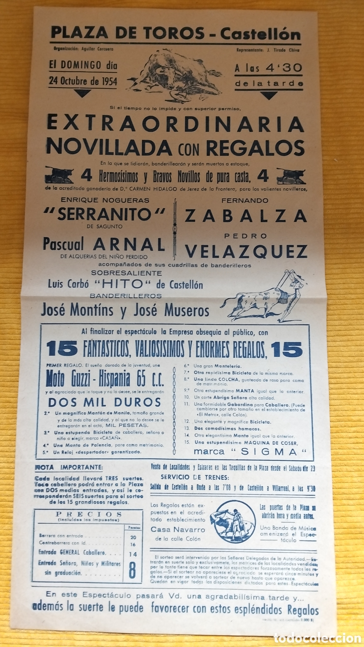 Carteles Toros: CARTEL PLAZA DE TOROS CASTELLON 24 OCTUBRE 1954 SERRANITO ZABALZA PASCUAL ARNAL VELAZQUEZ