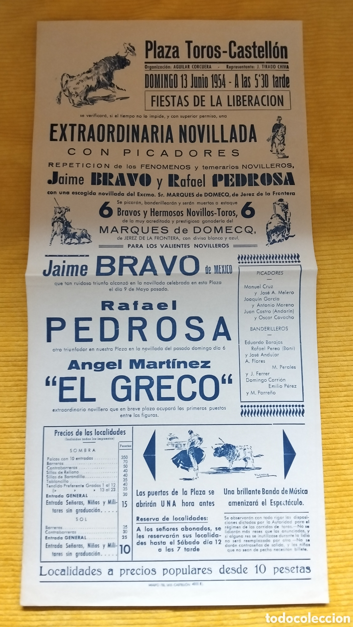 Carteles Toros: CARTEL PLAZA DE TOROS CASTELLON 13 JUNIO 1954 JAIME BRAVO RAFAEL PEDROSA EL GRECO