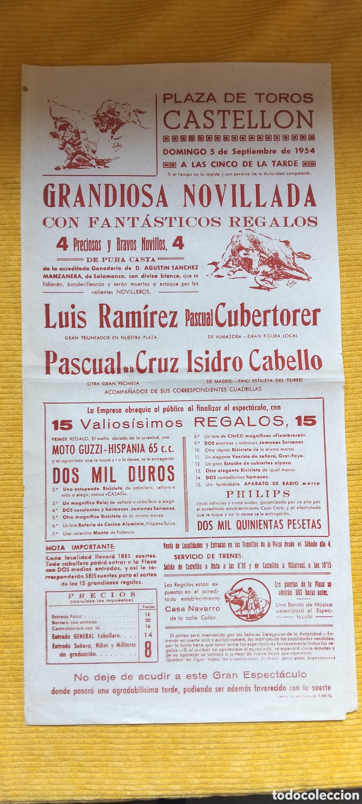 Carteles Toros: CARTEL PLAZA DE TOROS CASTELLON 5 SEPTIEMBRE 1954 LUIS RAMIREZ PASCUAL CUBERTORER PASCUAL DE LA CRUZ