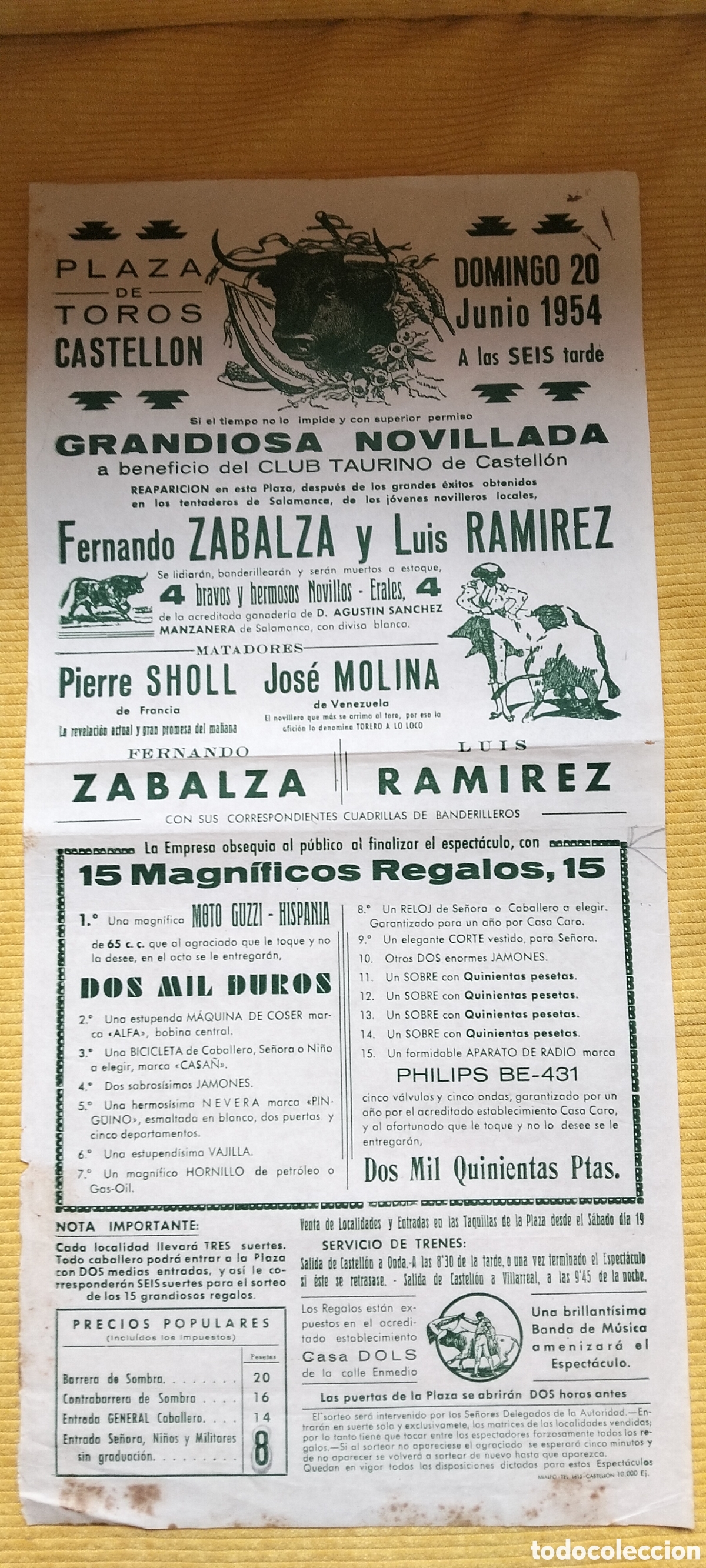 Carteles Toros: CARTEL PLAZA DE TOROS CASTELLON 20 JUNIO 1954 ZABALZA LUIS RAMIREZ JOSE MOLINA PIERRE SHOLL