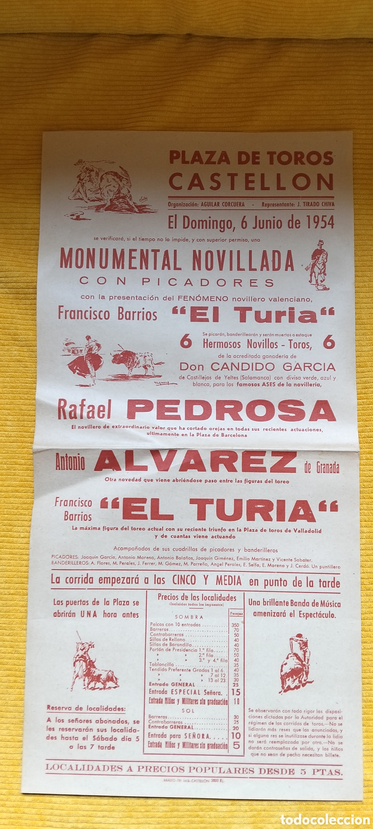 Carteles Toros: CARTEL PLAZA DE TOROS CASTELLON 6 JUNIO 1954 FRANCISCO EL TURIA RAFAEL PEDROSA ANTONIO ALVAREZ