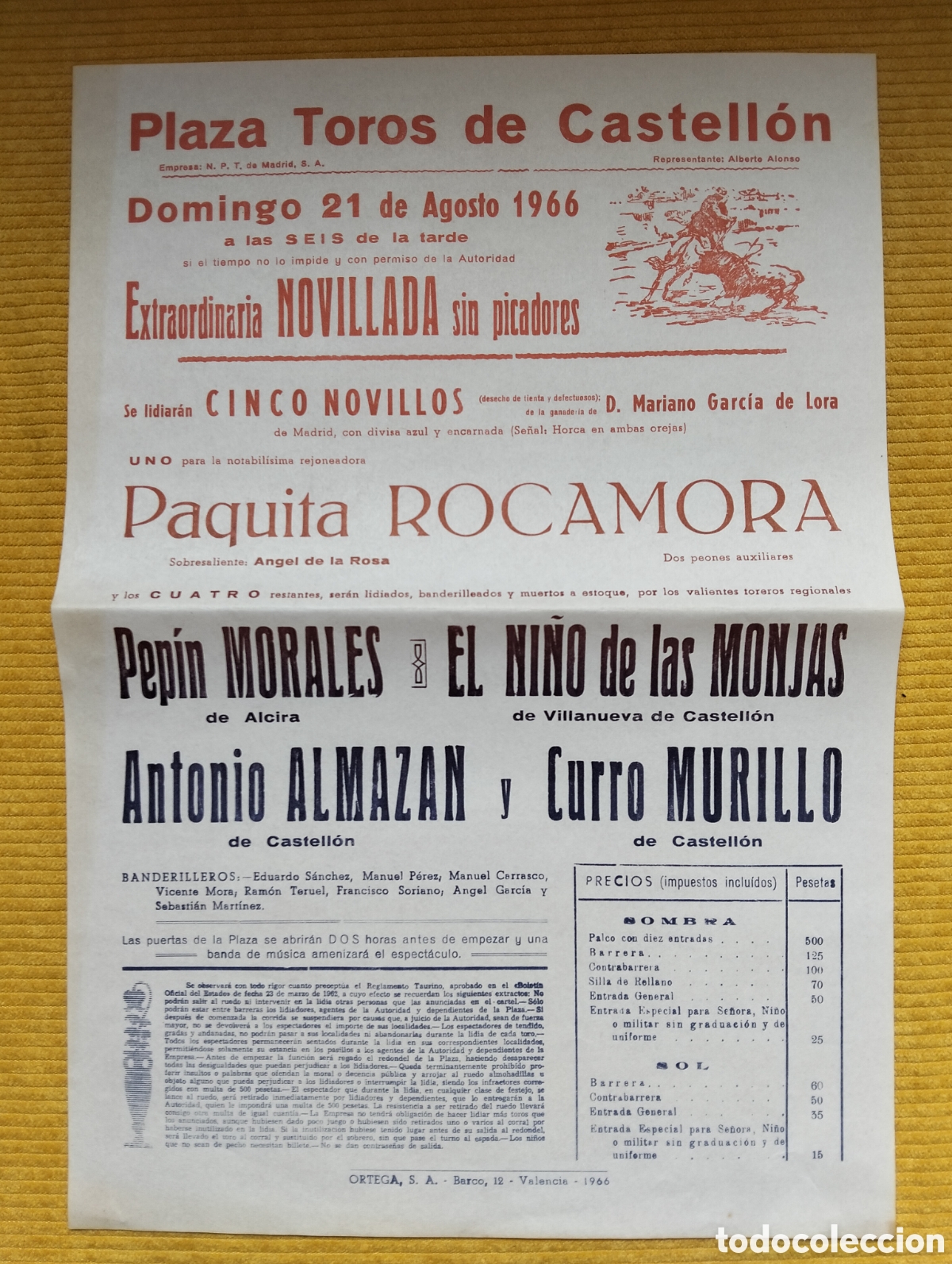 Carteles Toros: CARTEL PLAZA DE TOROS CASTELLON 21 AGOSTO 1966 PAQUITA ROCAMORA PEPIN MORALES EL NI&Ntilde;O DE LAS MONJAS