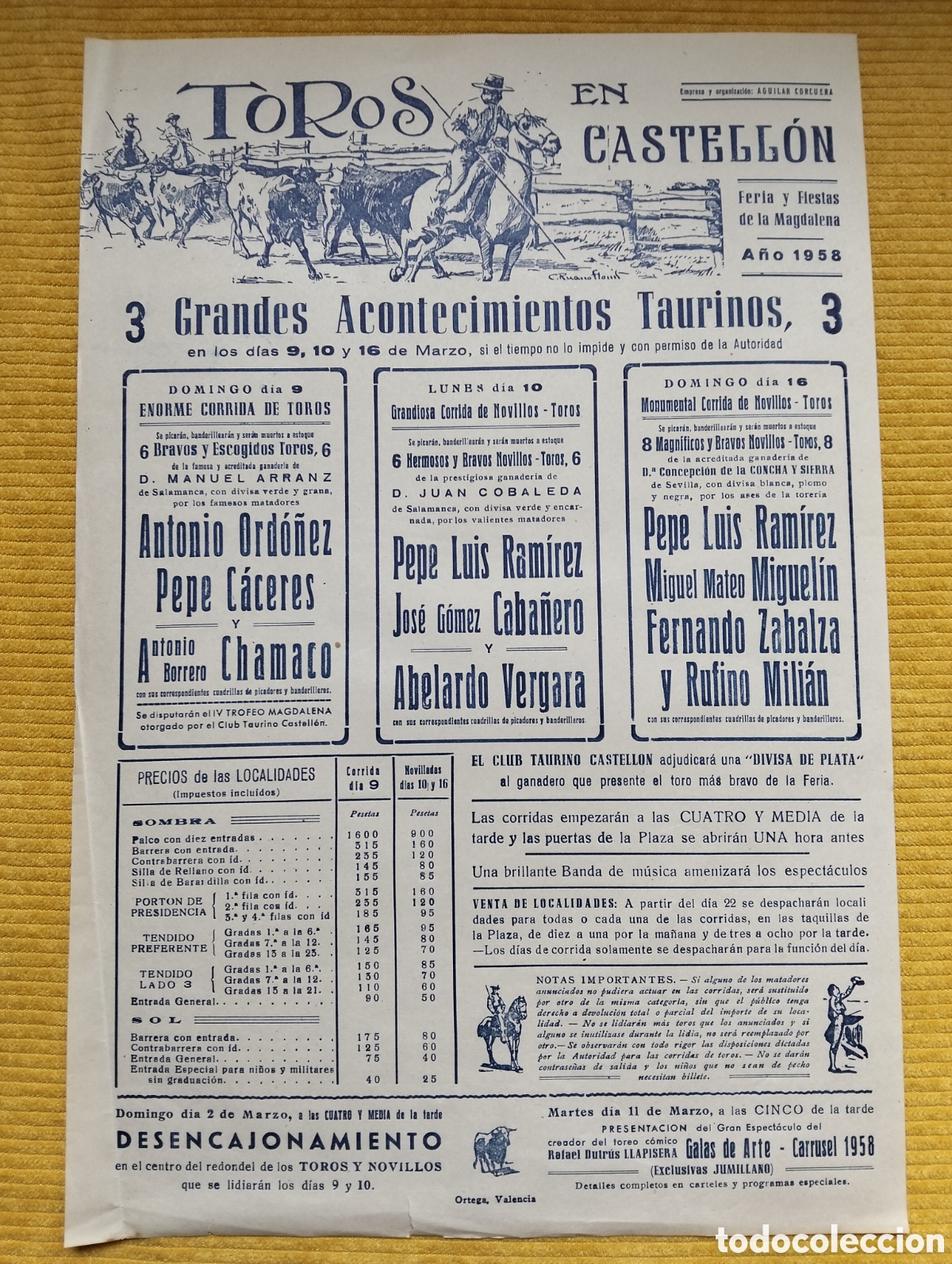 Carteles Toros: CARTEL PLAZA DE TOROS CASTELLON 9 10 16 MARZO 1958 PEPE CACERES CHAMACO ANTONIO ORDO&Ntilde;EZ CABA&Ntilde;ERO